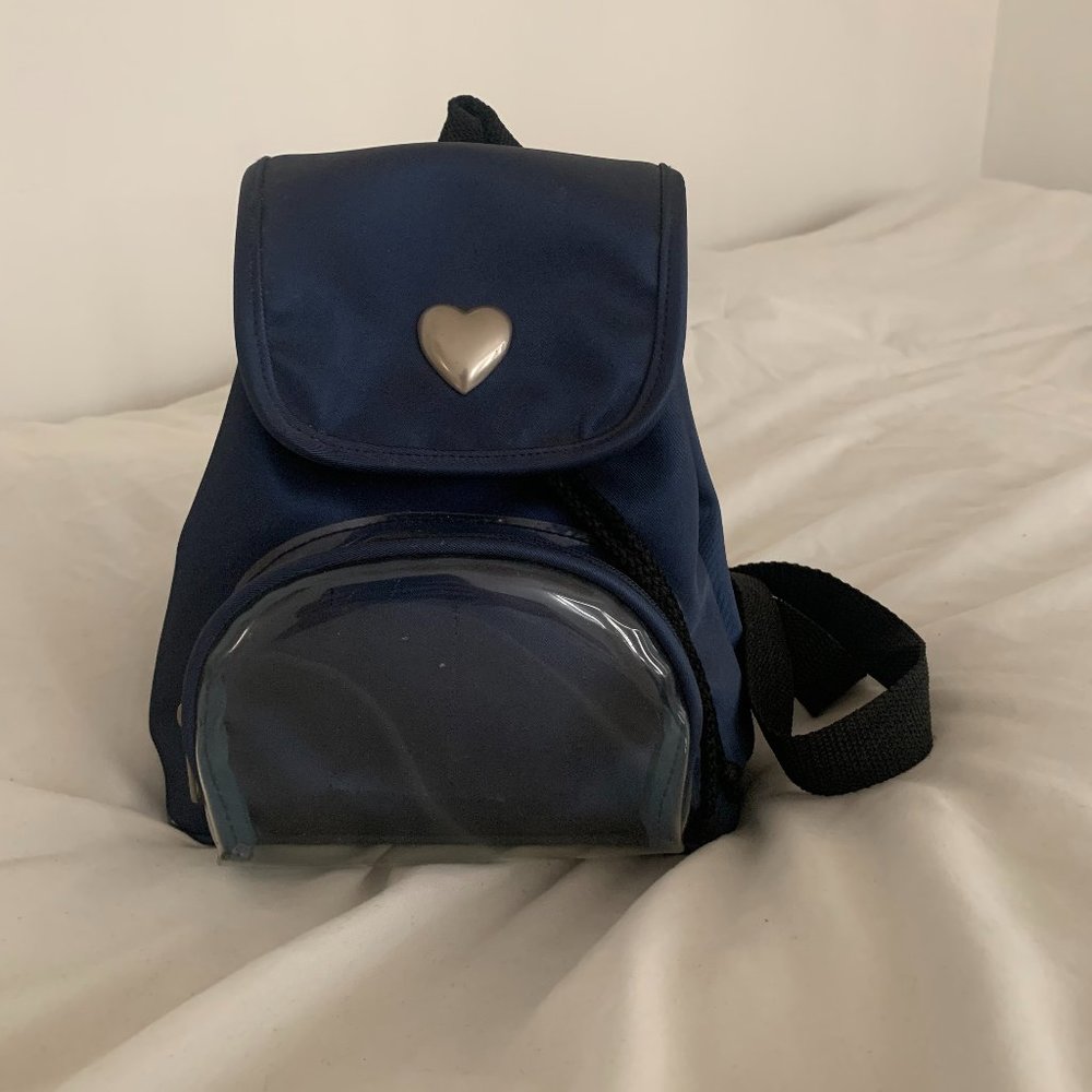 Vintage 90s/Y2K Mini Backpack Bag Navy Blue with Silver Gray Heart